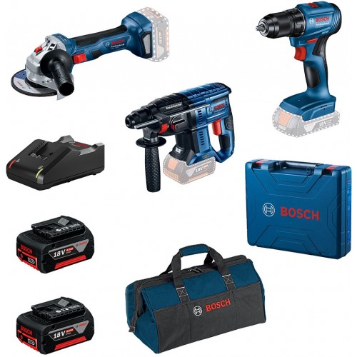 BOSCH GSR 185-LI+GWS 180-LI + GBH 180-LI + 2× 4,0 Ah v brašně 0615990N1Y