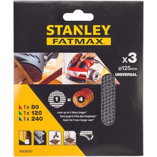 STANLEY STA39267-XJ Brusné mřížky pro excentrickou brusku 125mm, 1xP80, 1xP120, 1xP240