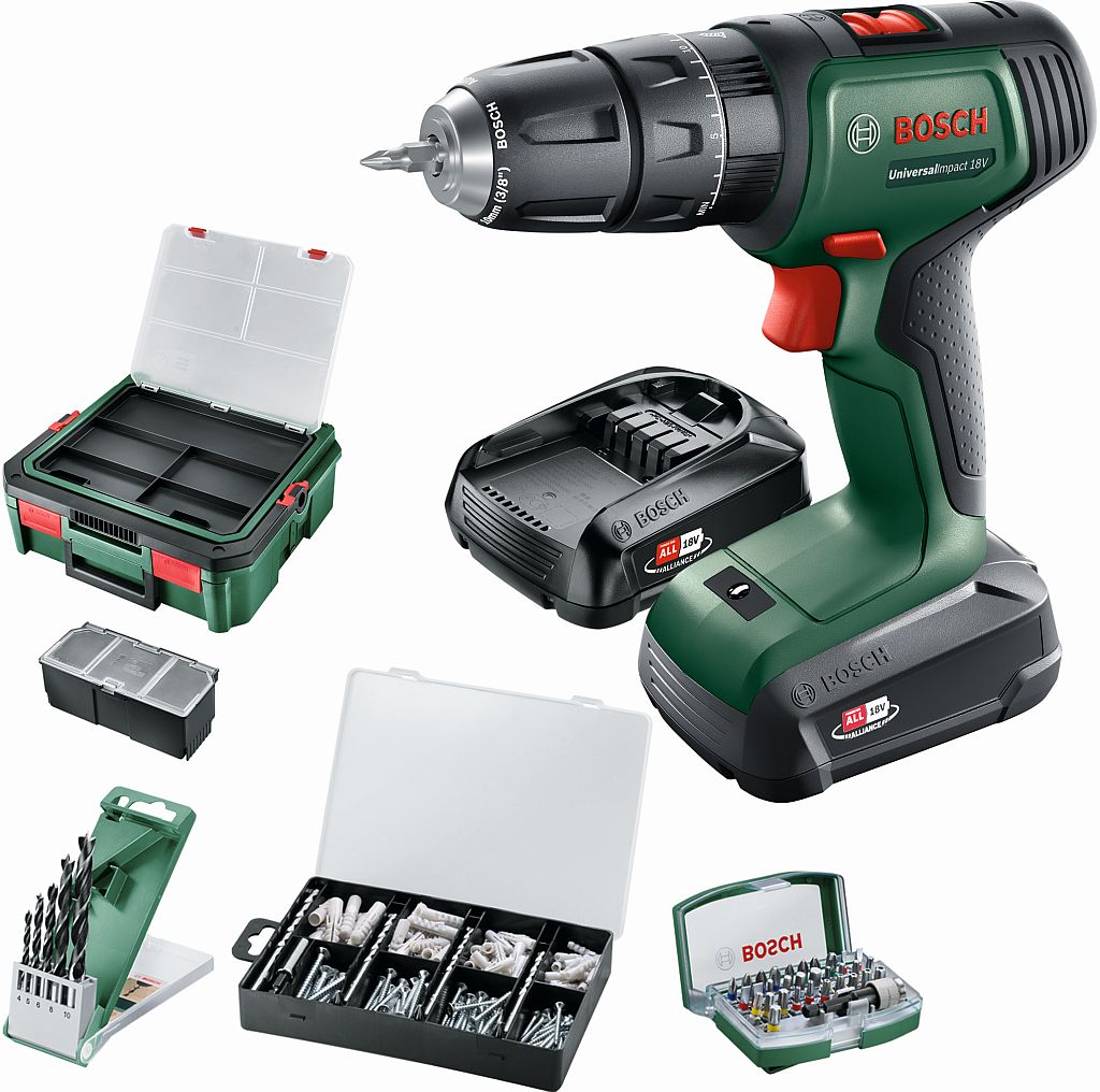 BOSCH UniversalImpact 18V + SystemBox Akumulátorový vrtací šroubovák, 2x 1.5Ah 06039D4107