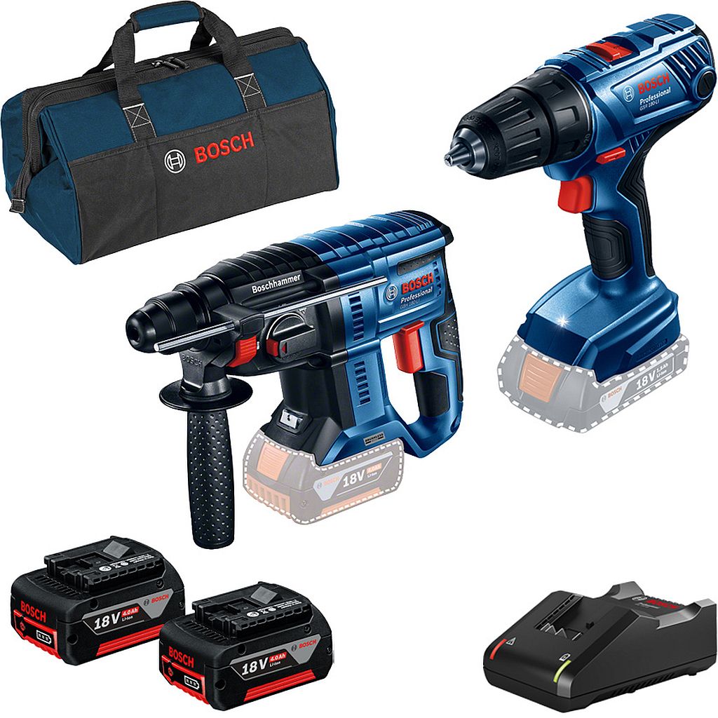 BOSCH Kombinovaná sada: GBH 180-LI + GSR 180-LI + 2× akumulátor GBA 18V 4.0Ah + brašna 0615990M31