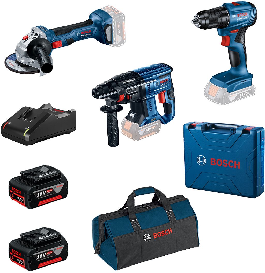 BOSCH GSR 185-LI+GWS 180-LI + GBH 180-LI + 2× 4,0 Ah v brašně 0615990N1Y