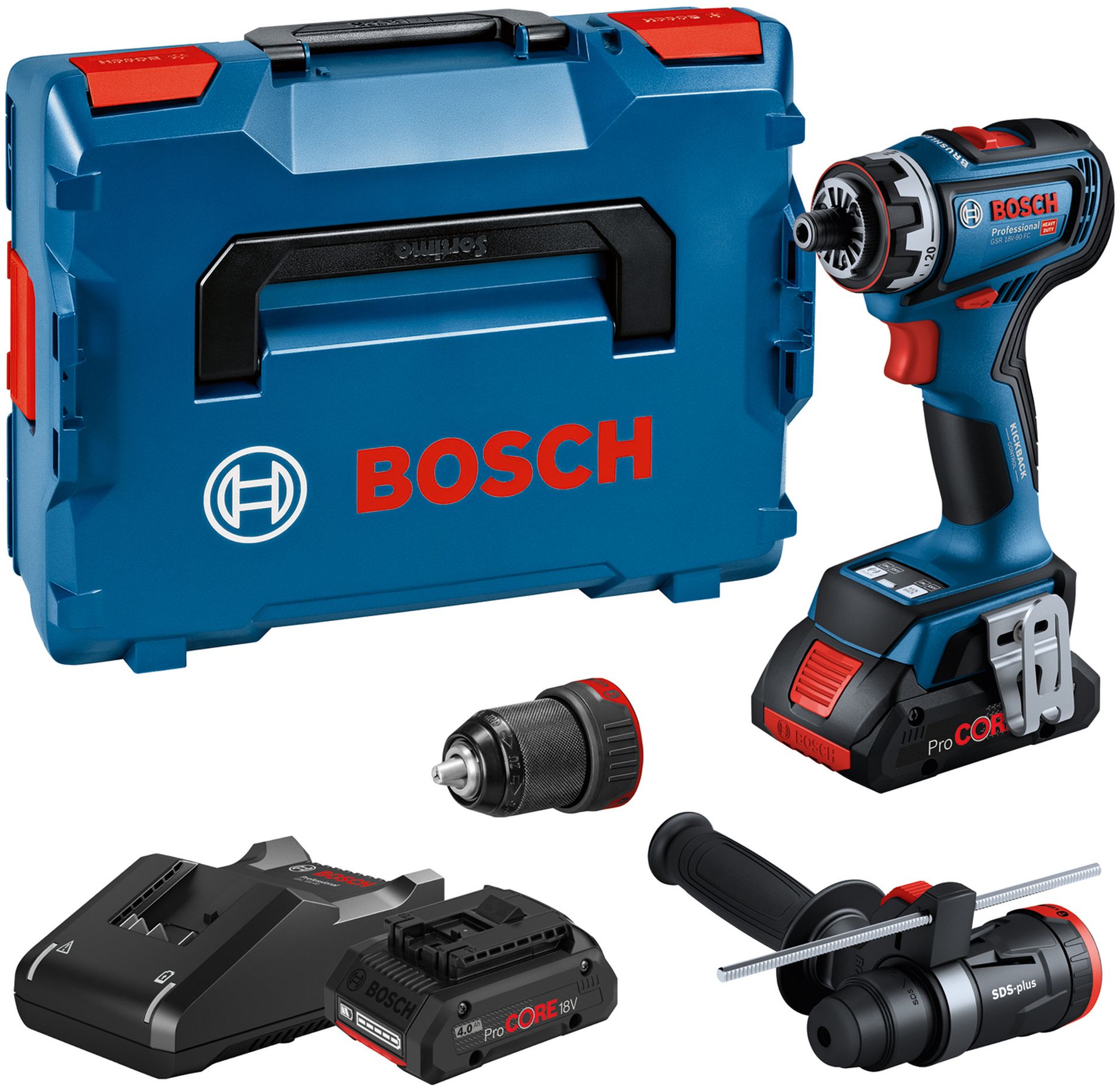 BOSCH GSR 18V-90 FC Vrtací šroubovák, 2× 4.0Ah, GAL 18V-40, L-BOXX 136 06019K6205